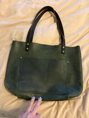 Portland Leathef Goods Olive Green Leather Tote Bag with Brown Handles